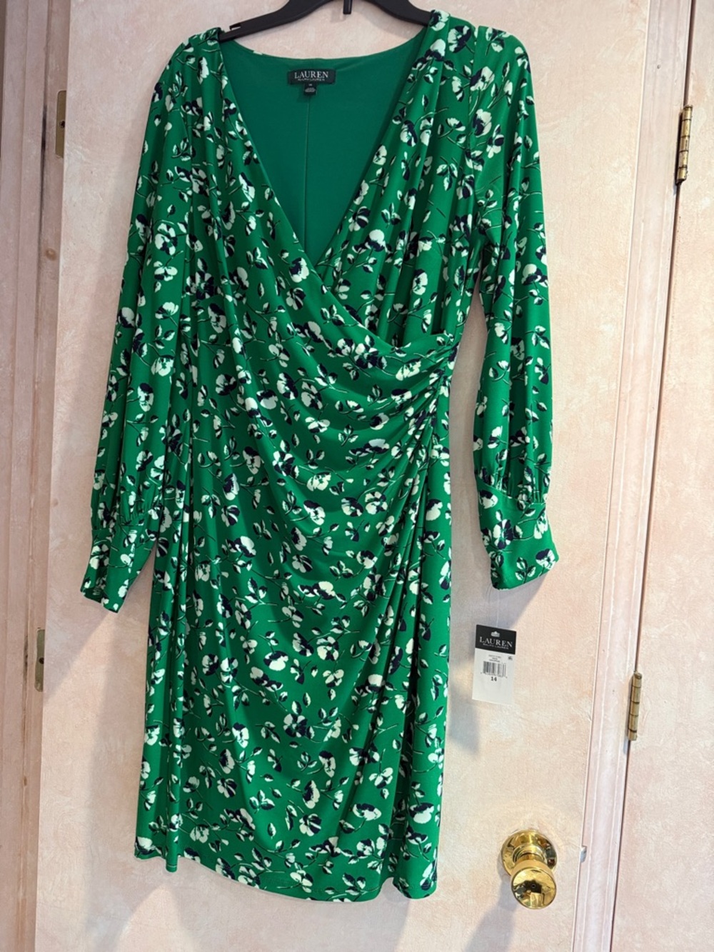 Lauren Ralph Lauren Green Floral Wrap-Style Long Sleeve Dress